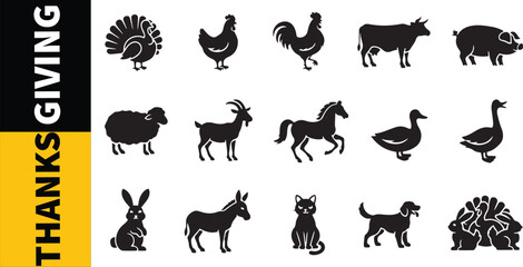 Obraz premium Thanksgiving Farm Animal Icons Set, Black Silhouettes on Yellow Background