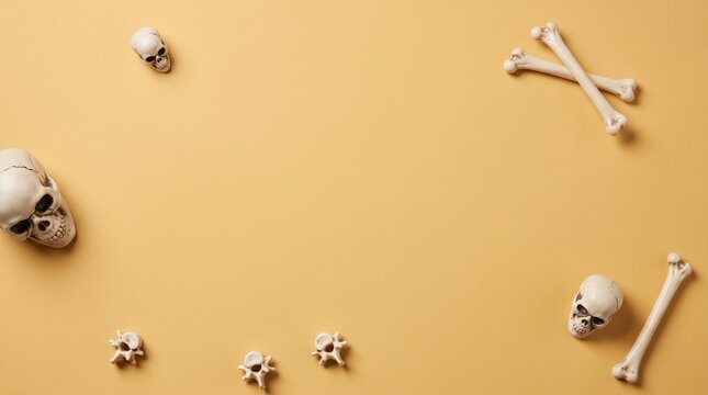 Top view of human skull models and scattered bones arranged on a solid light brown background for halloween decoration