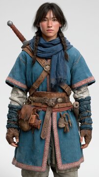 Female warrior character in blue and brown attire with braided hair, sword on back, and leather accessories, standing confidently against a neutral background