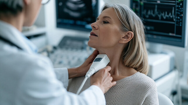 Overhead close-up of carotid ultrasound scan in progress on a middle-aged woman, sonographer pressing transducer against neck, monitor displaying waveform patterns indicating