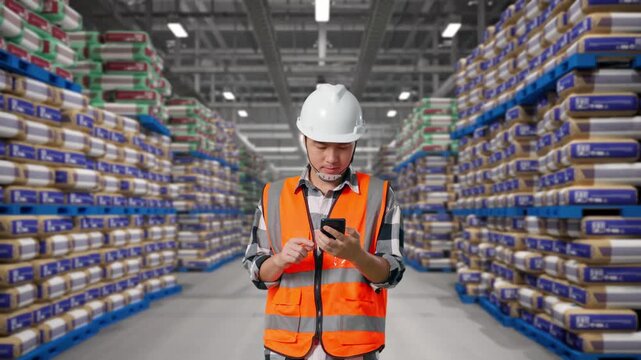 Front View of Asian Male Engineer Use Smartphone While Walking at Warehouse Stacked Cement Bags Pallets