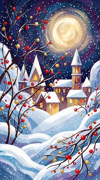 Digital painting of a magical winter night landscape with a glowing full moon, snow-covered village houses, falling snow, and decorative tree branches with red and gold berries in the foreground.