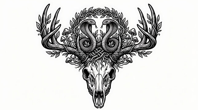 Monochrome deer skull illustration entwined with cobra snake and antlers on white background