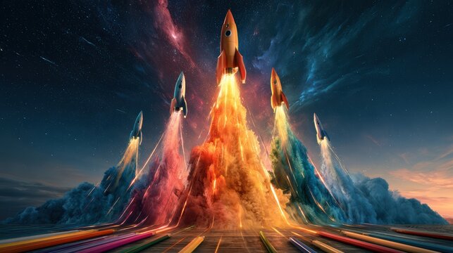 Five colorful rockets launch simultaneously into a starry night sky, leaving bright trails of fire and smoke, symbolizing progress and innovation.