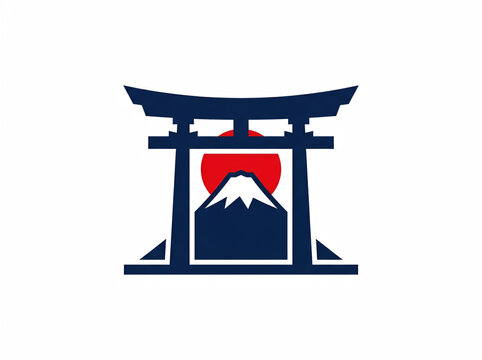 Minimalist japan logo design featuring a gate framing mount fuji and a rising sun, isolated on white background