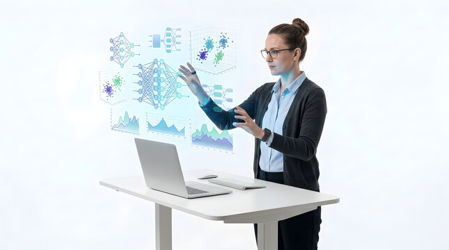 Business scientist using laptop with floating molecular graphics and data icons, representing biotechnology research, digital healthcare analytics and innovation


