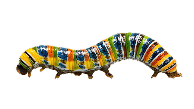 Bright multicolored striped caterpillar crawling in side view