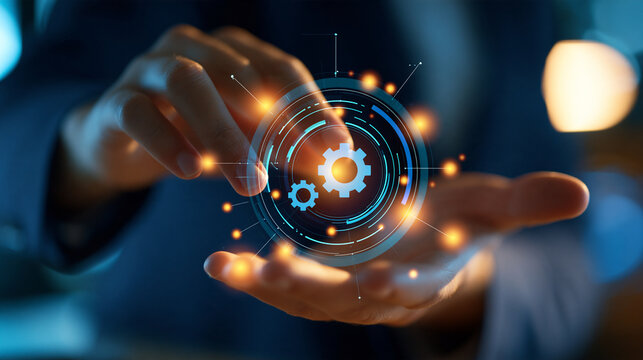 Cropped view of a european data analyst's hands holding a glowing recommendation engine display, bright modern office, consumer behavior analytics, personalized content