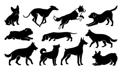 Obraz premium Diverse Dog Silhouette Collection Vector Illustration with Ten Action Poses