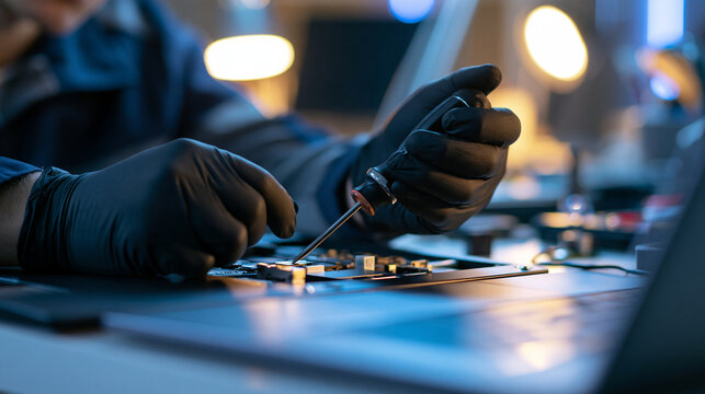 Close up of a european technician's hands in black gloves using a screwdriver on an electronic device, bright modern repair workbench, tools and equipment, detailed hardware