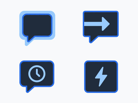 Set of dark interface communication icons featuring speech bubbles with directional arrow time clock and lightning bolt symbols for mobile apps