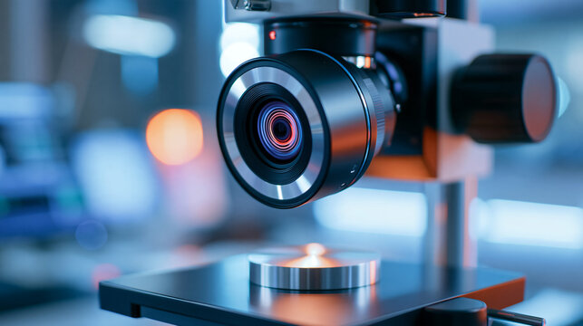 High tech infrared camera mounted on a stand, focused on a metallic disk, bright clean laboratory setting, scientific research technology, thermal imaging application, precision