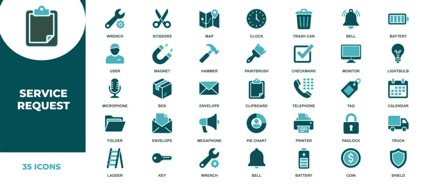 Professional set of service request icons for customer support systems and streamlined digital business workflow management