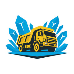 Modern yellow mining dump truck vector graphic illustration with dynamic blue leaf splash art for heavy equipment branding © Arvela