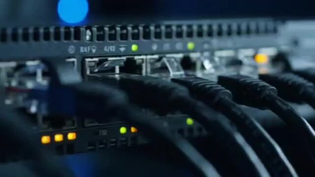 Network hub close up, ethernet cables connected to switch ports, blinking lights showing data flow and network activity, server rack with modern IT equipment.