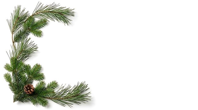 A single pine cone nestled among fresh green pine tree branches arranged in a corner frame on a clean white background, for holiday greeting cards