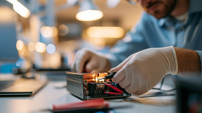 Close up of a european technician's hands in white gloves inspecting a computer power supply, bright modern repair workshop, PC maintenance and cleaning concept, clean workbench,
