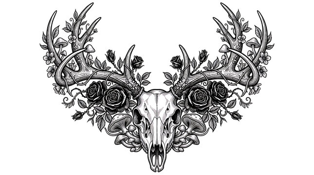 Monochrome Deer Skull Illustration adorned with Roses, Antlers, and Mushrooms on White Background