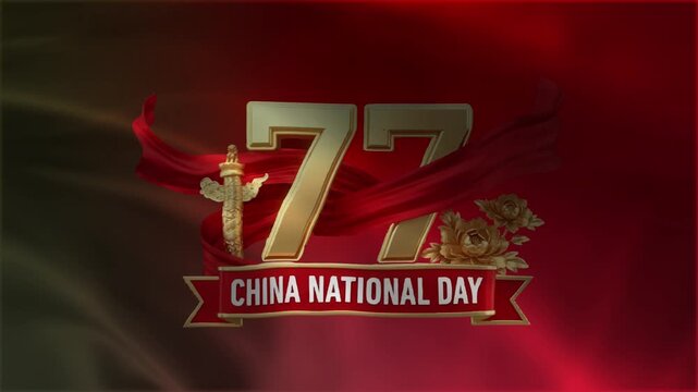 7th china national day 3d golden emblem celebration background with golden 77 number, red ribbon, flower, and huabiao pillar on waving red silk banner motion graphic
