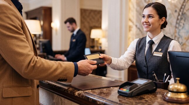 Hotel receptionist handing electronic room key card to guest at marble counter. Smiling concierge assisting traveler during check in process in luxury hotel lobby.