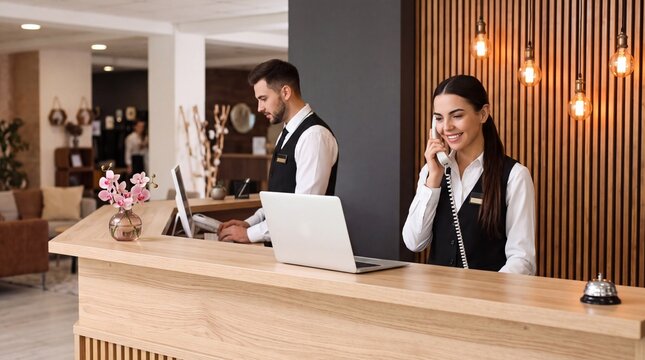 Hotel receptionist talking on telephone behind wooden counter in modern lobby. Front desk clerk using laptop computer and assisting guest reservation at check in service desk.
