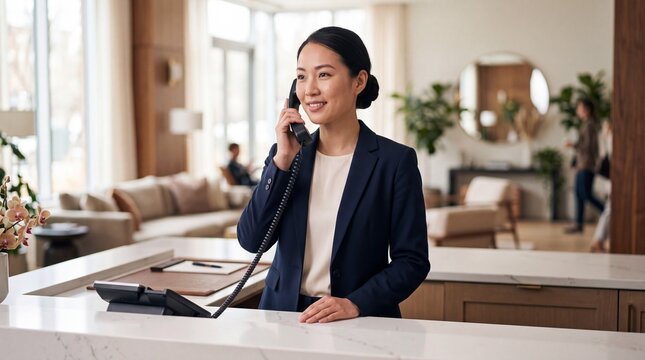 Receptionist answering telephone call behind modern hotel front desk counter. Asian concierge woman managing guest booking and reservation service in lobby.