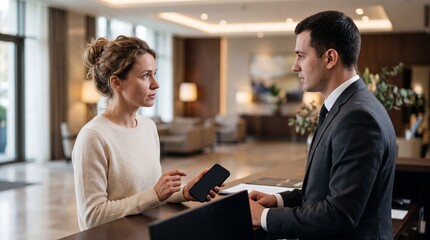 Obraz premium Receptionist checking booking confirmation on smartphone for female guest at counter. Concierge assisting traveler with registration process in modern lobby.