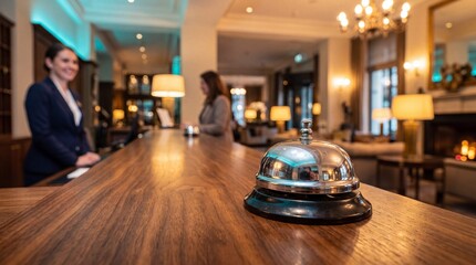 Obraz premium Receptionist standing behind wooden counter with service bell in luxury hotel lobby. Concierge welcoming guest during check in procedure at upscale accommodation.