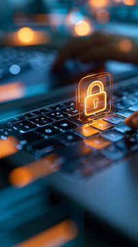 Computer screen displaying a digital keypad with a glowing padlock icon, bright modern technology scene, encryption and data security concept, clean interface design, digital
