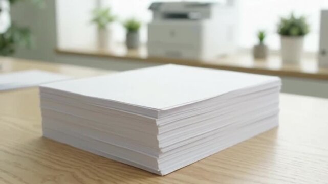Stack of white papers on wooden desk next to window with blurred background, slow motion shot showing one sheet of paper flipping up and down.