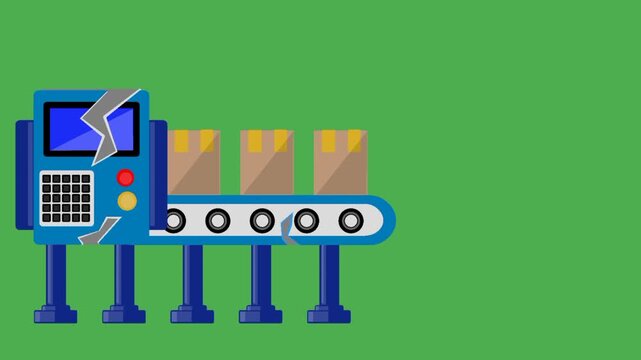 Broken conveyor belt machine carrying cardboard boxes with uneven movement on a green screen background, illustrating industrial malfunction and equipment failure.