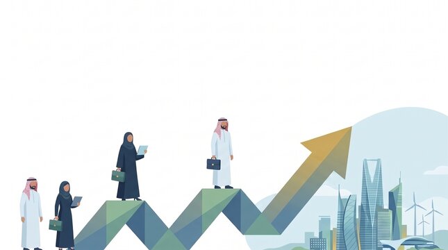 Arab business people walking on growth arrow towards modern city skyline and green energy