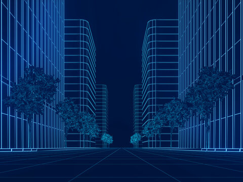 City street with wireframe buildings, blue background. 3d blueprint - 3d illustration