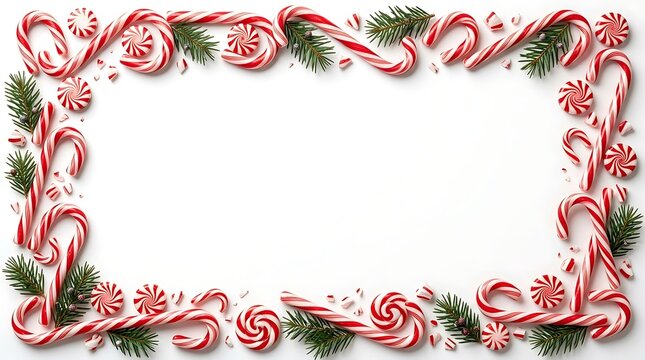 Christmas frame border made of candy canes, peppermint swirl candies, and green pine branches on a clean white background, with copy space
