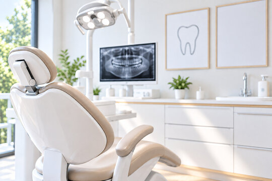 Modern dental clinic interior with dental chair and panoramic X ray