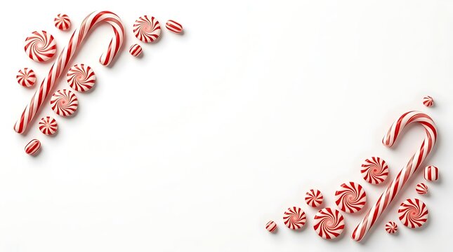A festive corner frame of red and white striped candy canes and round peppermint candies isolated on a clean white background