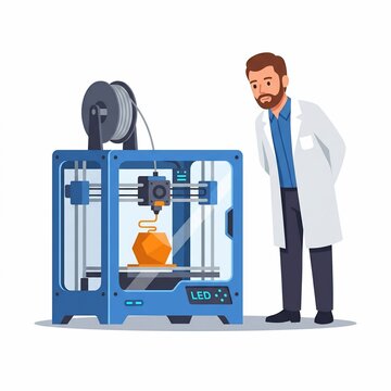 Scientist in White Lab Coat Monitoring 3D Printer Machine Creating Orange Geometric Model Prototype Vector Illustration