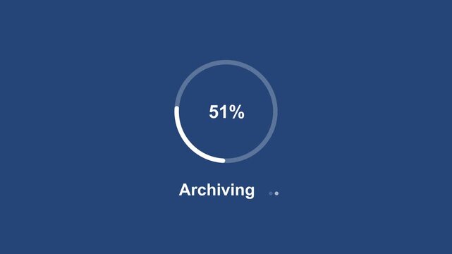 Digital archiving progress indicator animation featuring a circular loading bar with percentage counter for data management, cloud storage, software ui, and system backup processes in blue