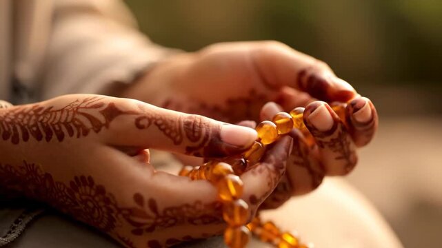 Intimate close-up of a person's hands adorned with intricate henna designs, gently holding a strand of amber-colored prayer beads