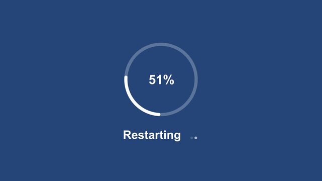 Digital system restarting progress bar animation with percentage counter displaying incremental loading status for software updates, computer rebooting processes, and modern user interface