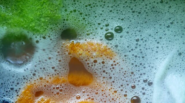 Macro top view of colorful soapy bubbles and foam with orange and green sponge texture in laundry basin