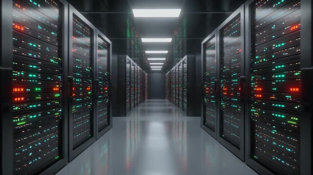 サーバーラックの稼働ランプが光る現代的なデータセンター通路