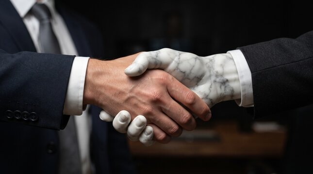 Two faceless hands shaking where one hand is made of solid cold marble representing a lack of trust and cold B2B business negotiations.