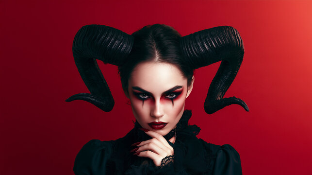 Woman transformed into a sinister horned demon with oversized black horns, smoky black eyes, crimson theatrical makeup and gothic clothing, staring intensely at the camera against