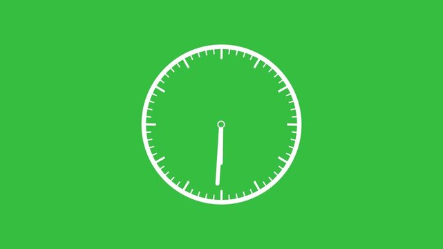 Minimalist white analog clock face spinning rapidly on a solid chroma key green background, time-lapse effects, countdown sequences, and dynamic motion editing projects