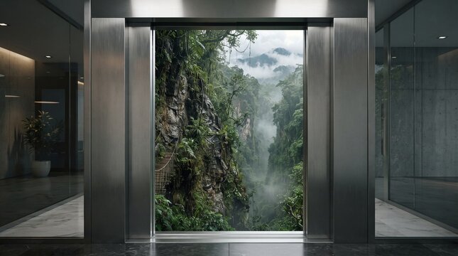 Office elevator doors opening to reveal a steep rugged jungle cliff representing the daunting and wild challenges of career advancement.