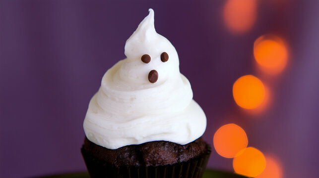 White buttercream swirled into a small ghost figure on top of a dark chocolate cupcake, three miniature chocolate details forming a surprised face while warm orange bokeh glows acr