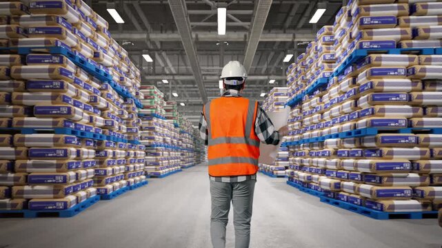 Back of Asian Male Engineer Looking At Blueprint In His Hands While Walking at Warehouse Stacked Cement Bags Pallets