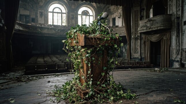 A wooden speaker podium covered in thick creeping green ivy representing the stagnation and outdated nature of traditional corporate leadership.