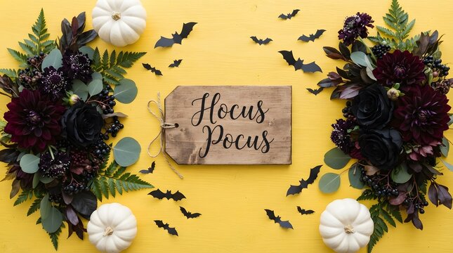 Halloween flat lay with hocus pocus sign, white pumpkins, dark flowers, and paper bats on a yellow background
